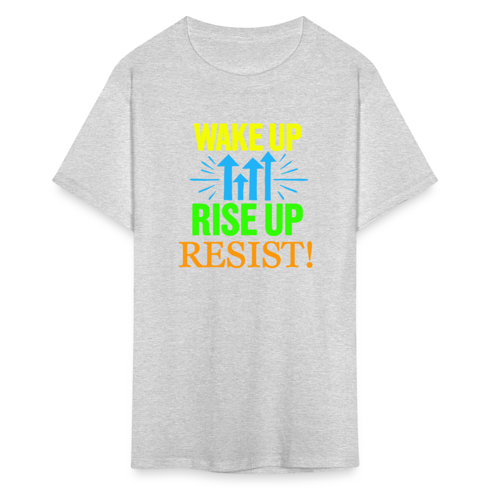 WAKE UP, RISE ↑, RESIST ↑! - Progressive Protest Tee for Activists | Liberal Political Statement Shirt - heather gray