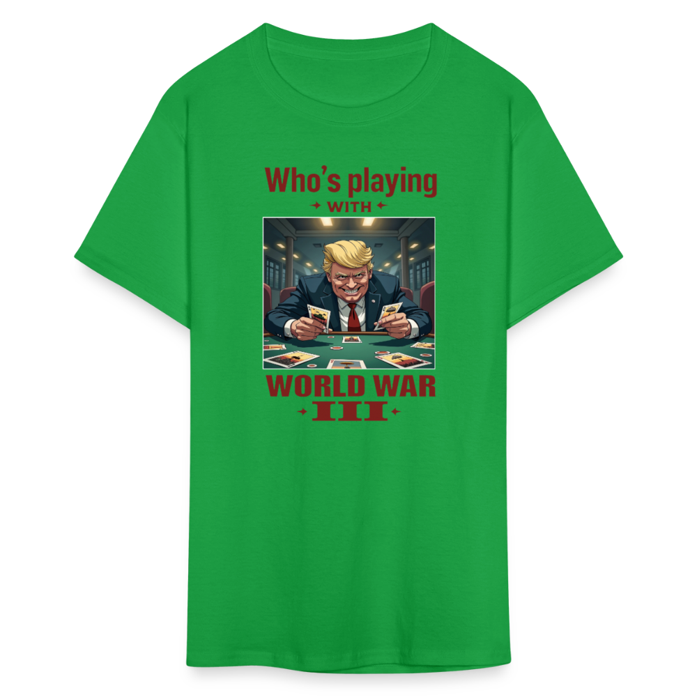 Who's Playing with WWIII?" T-Shirt – Trump, Zelensky, and the Dangerous Game of World War III | Political Satire Tee - bright green