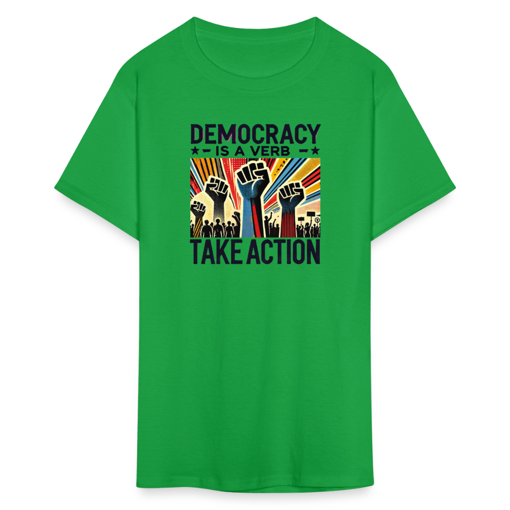 Democracy Is a Verb Activist Graphic Tee - bright green