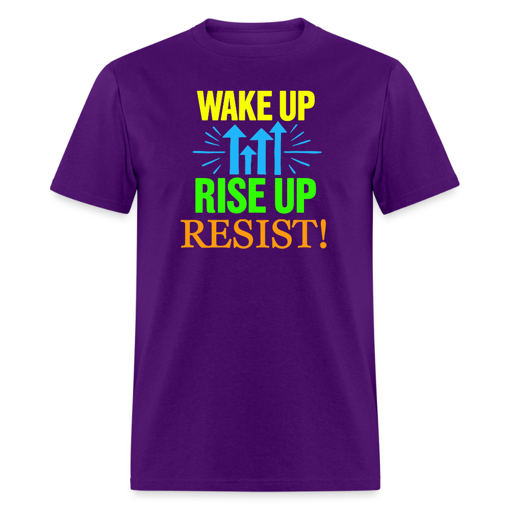 WAKE UP, RISE ↑, RESIST ↑! - Progressive Protest Tee for Activists | Liberal Political Statement Shirt - purple