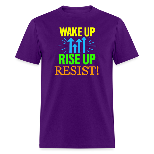 WAKE UP, RISE ↑, RESIST ↑! - Progressive Protest Tee for Activists | Liberal Political Statement Shirt - purple