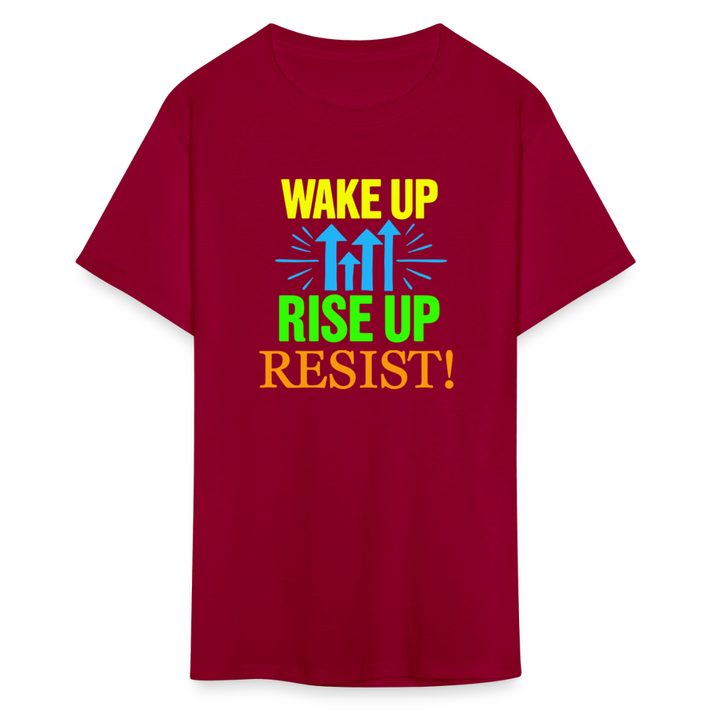 WAKE UP, RISE ↑, RESIST ↑! - Progressive Protest Tee for Activists | Liberal Political Statement Shirt - dark red