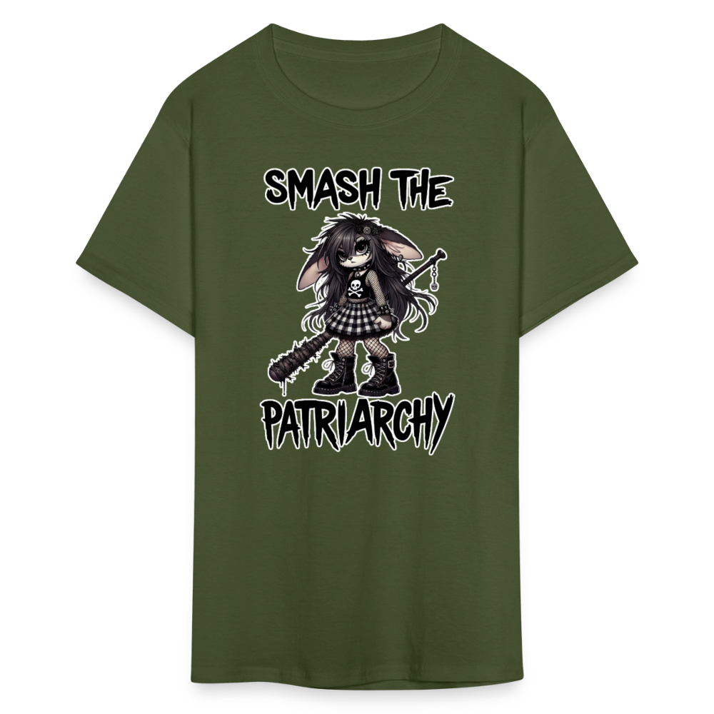 Smash the Patriarchy Punk Bunny Tee - Grunge, Emo, Goth Style Shirt with Barbed Wire Bat - military green