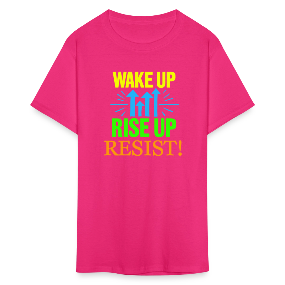 WAKE UP, RISE ↑, RESIST ↑! - Progressive Protest Tee for Activists | Liberal Political Statement Shirt - fuchsia