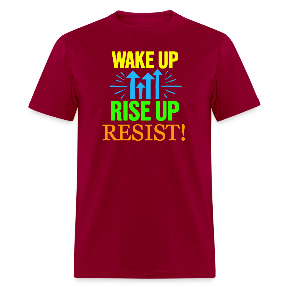 WAKE UP, RISE ↑, RESIST ↑! - Progressive Protest Tee for Activists | Liberal Political Statement Shirt - dark red