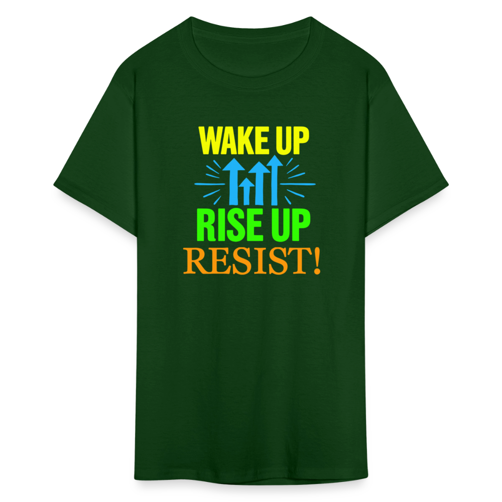 WAKE UP, RISE ↑, RESIST ↑! - Progressive Protest Tee for Activists | Liberal Political Statement Shirt - forest green