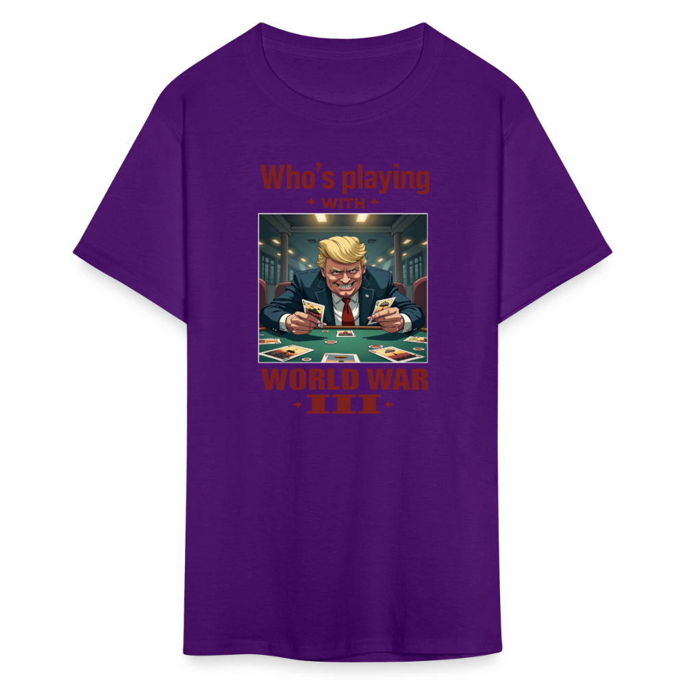 Who's Playing with WWIII?" T-Shirt – Trump, Zelensky, and the Dangerous Game of World War III | Political Satire Tee - purple