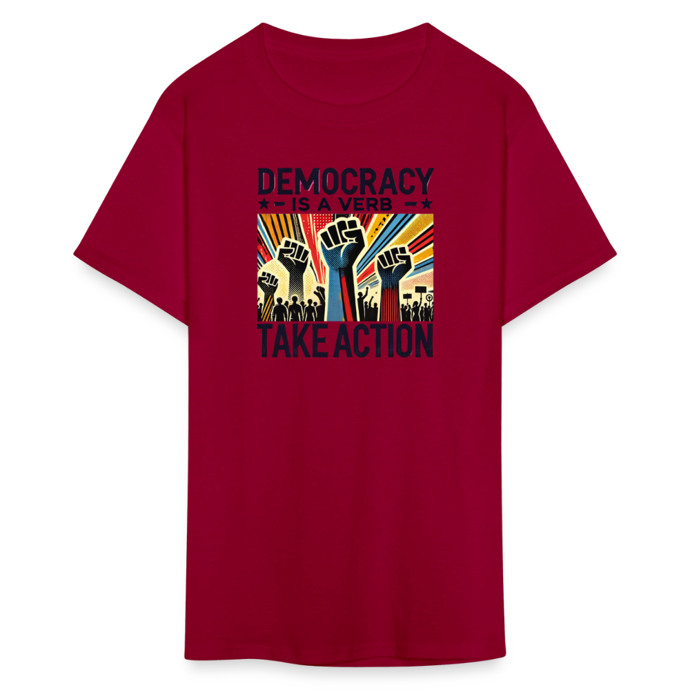 Democracy Is a Verb Activist Graphic Tee - dark red