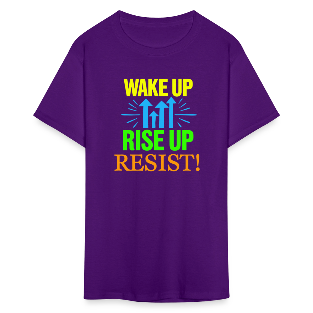 WAKE UP, RISE ↑, RESIST ↑! - Progressive Protest Tee for Activists | Liberal Political Statement Shirt - purple