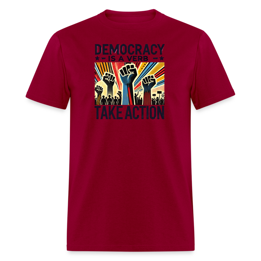 Democracy Is a Verb Activist Graphic Tee - dark red